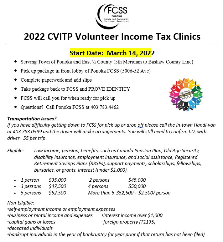 2022 Income Tax Program starts March 14. Call FCSS Office at 403-783-4462 for information.