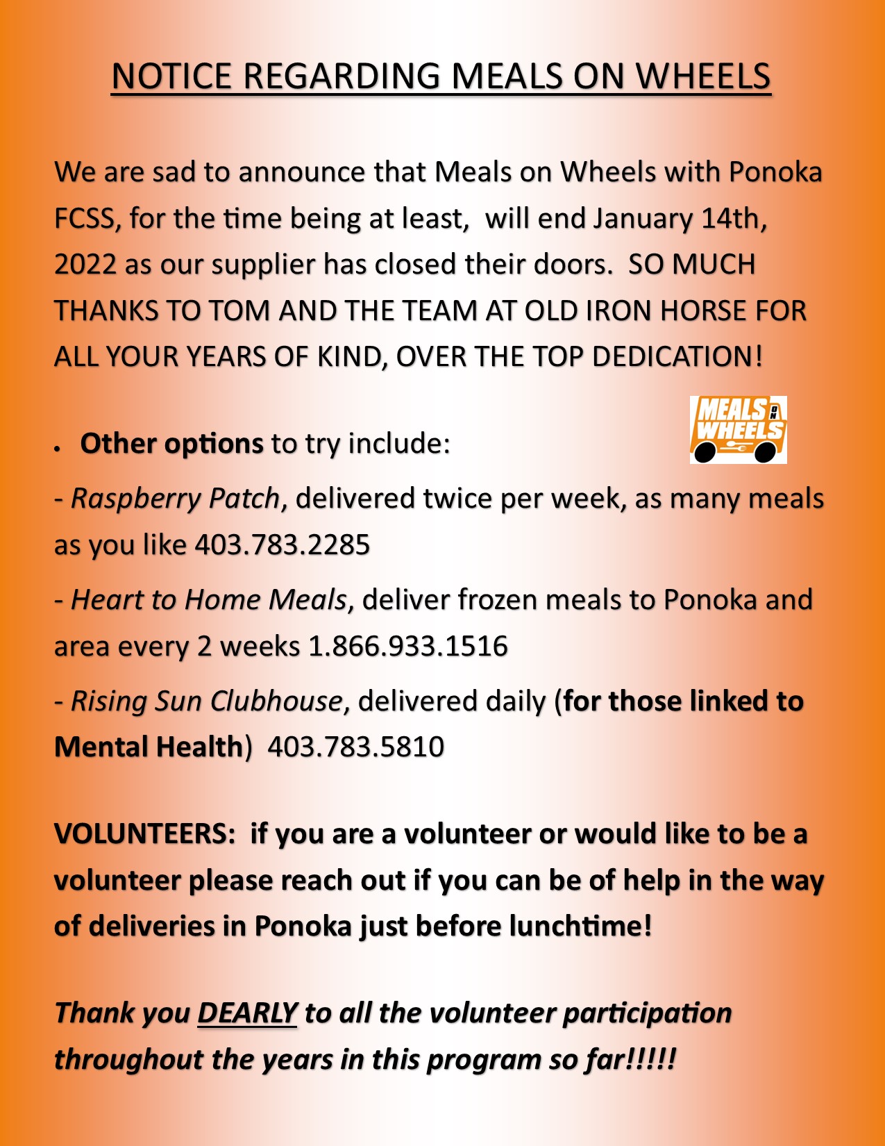 Changes to Meals on Wheels effective January 14, 2022. Call FCSS Office at 403-783-4462 for information.